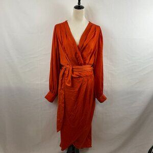 City Chic Opulent Dress XS 14 Orange Amber Crossover Neck Long Sleeve Faux Wrap